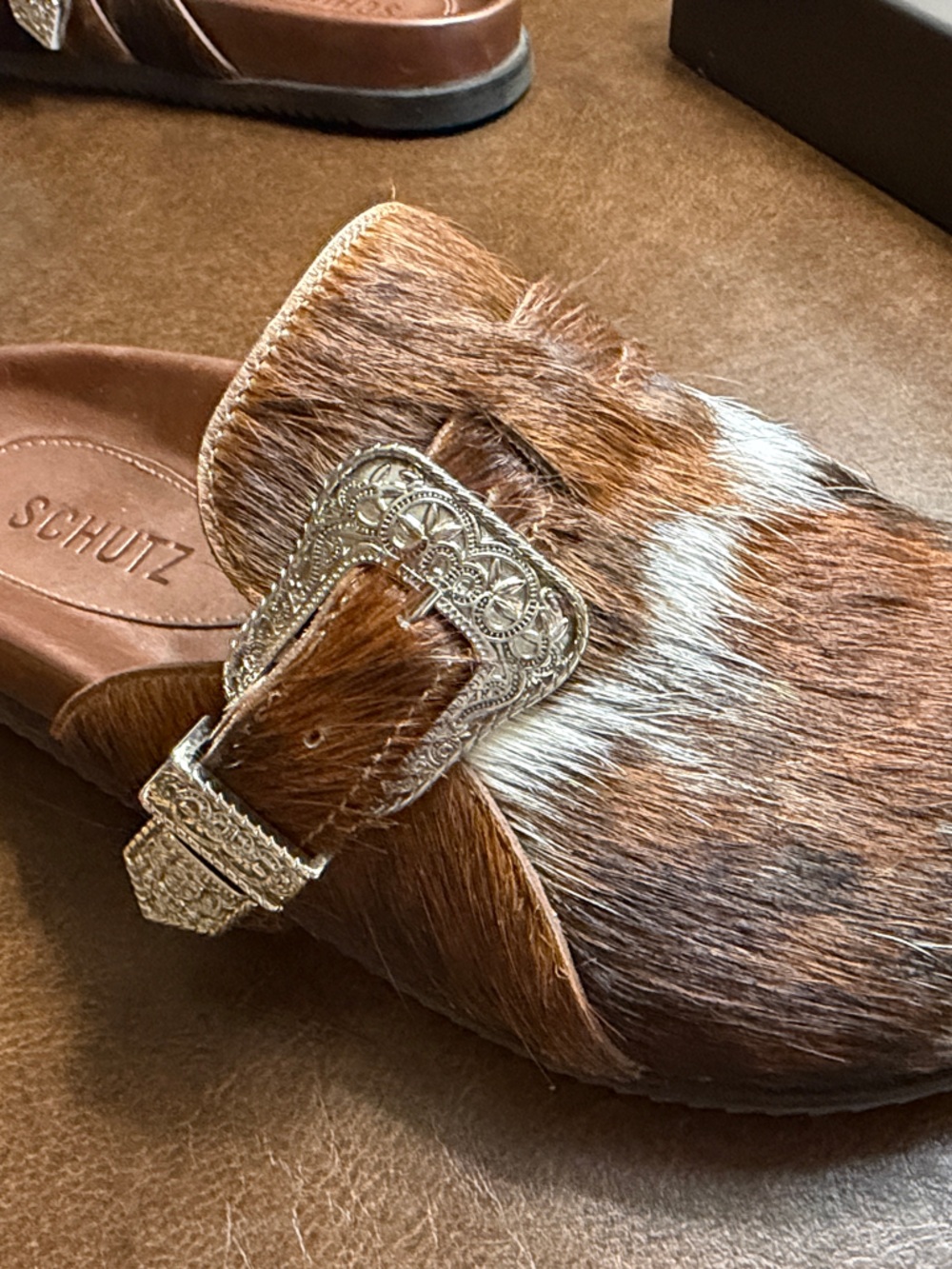 SCHUTZ Brown & White Haircalf Mule with Ornate Silver Buckle